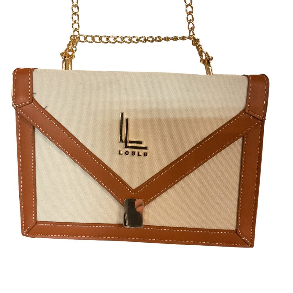 Loulu Canvas Crossbody Bag Gold Chainโ Tan Leather Trim Elegant Envelope Design